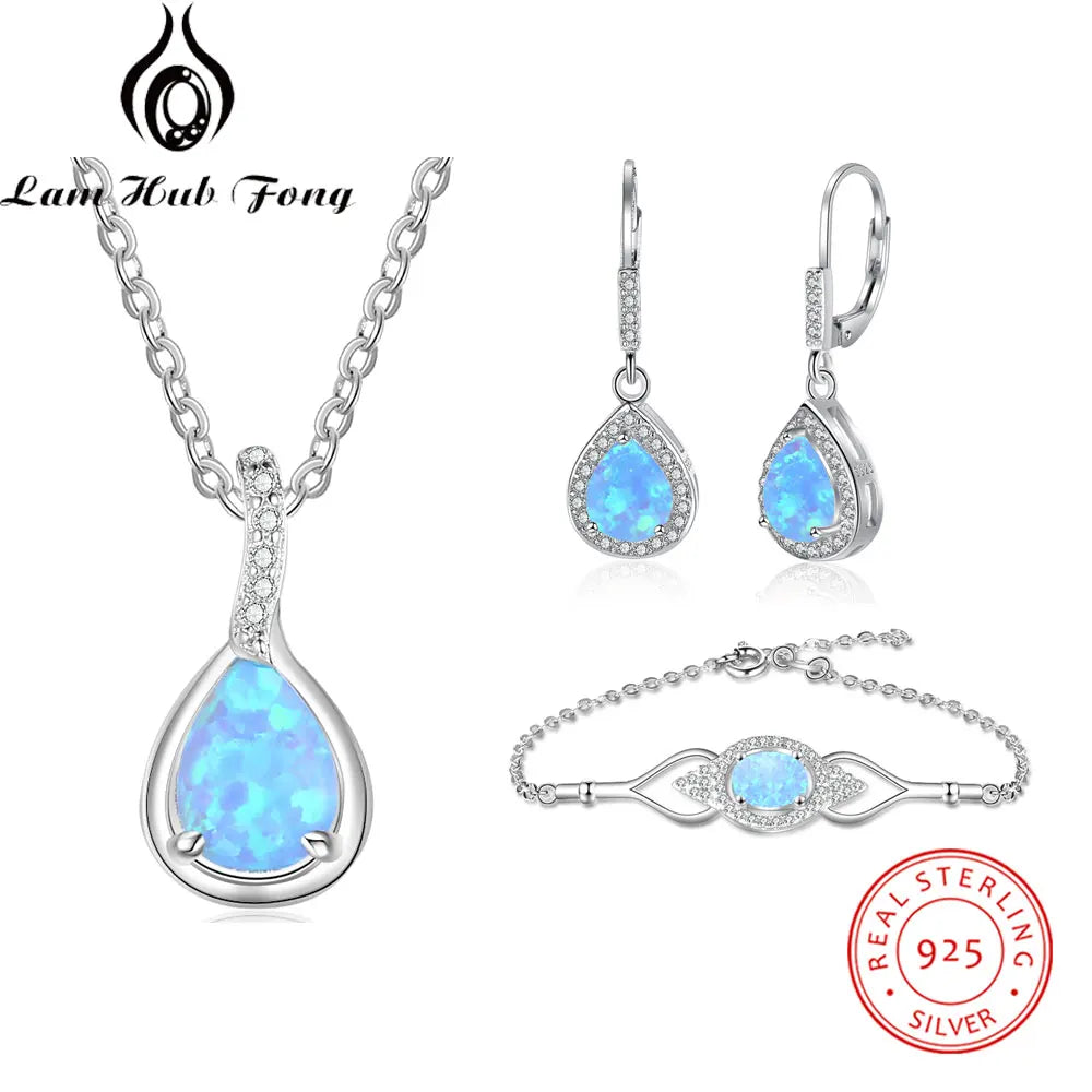 925 Sterling Silver Jewelry Sets for Women Cubic Zirconia Blue Opal Bracelet Earrings Chain Necklace Jewelry Sets (Lam Hub Fong) - KIMLUD