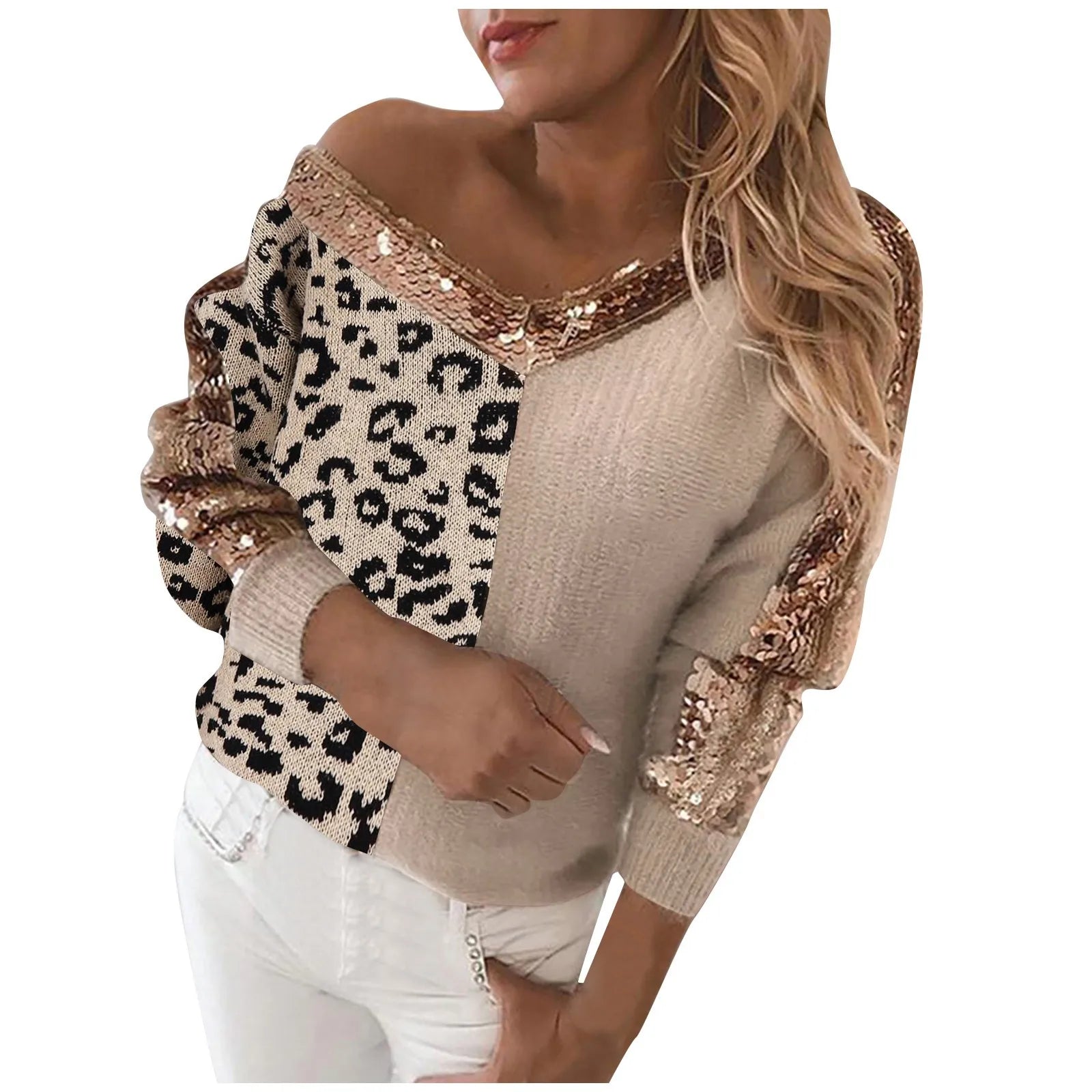 Women Sweater Stitching Leopard Print Sequin Blouse V Neck Temperament Pullover Long Sleeved Female Casual Elegant Pullover