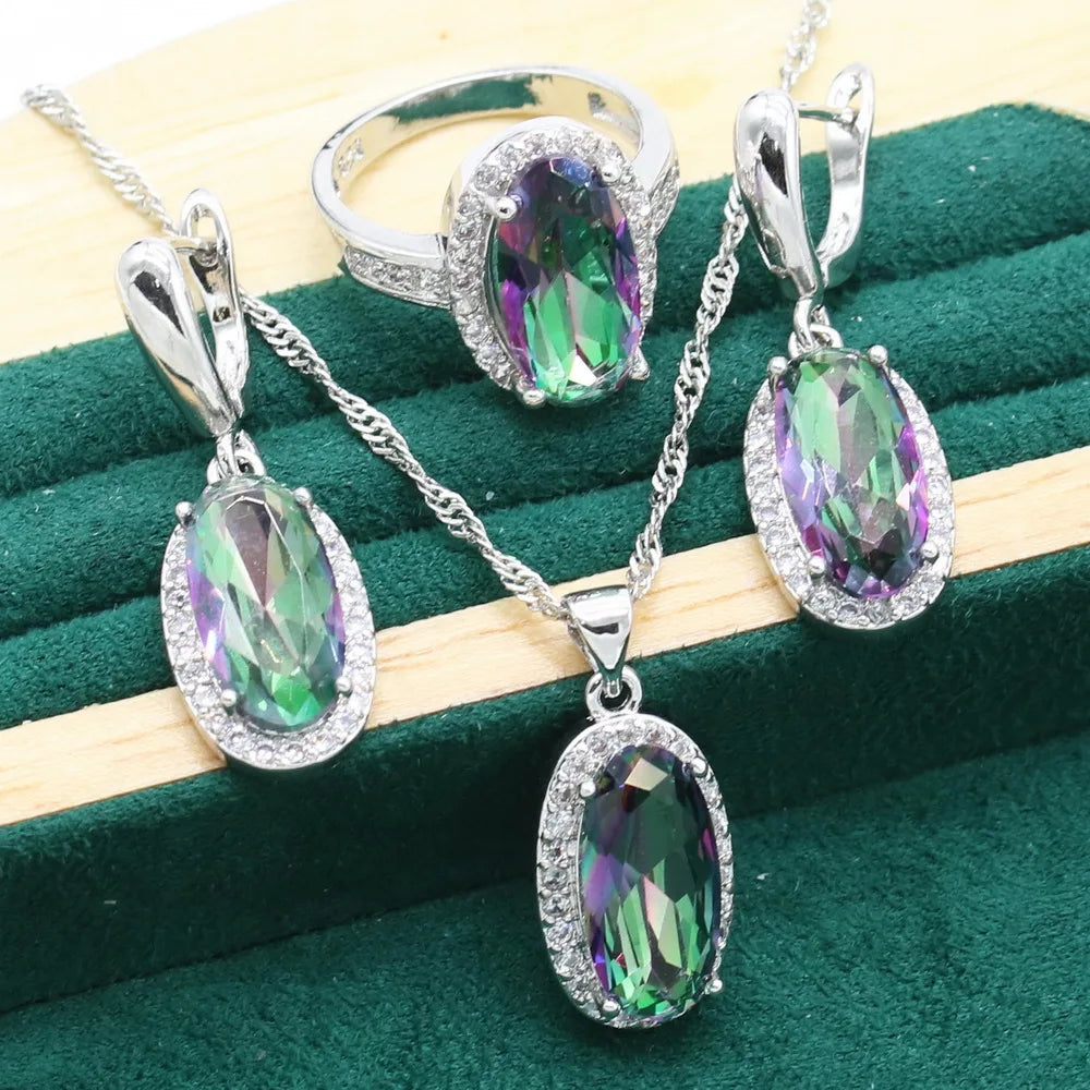 Rainbow Topaz 925 Sterling Silver Jewelry Sets For Women Bracelet Earrings Necklace pendant Ring Classic Birthday Gift - KIMLUD