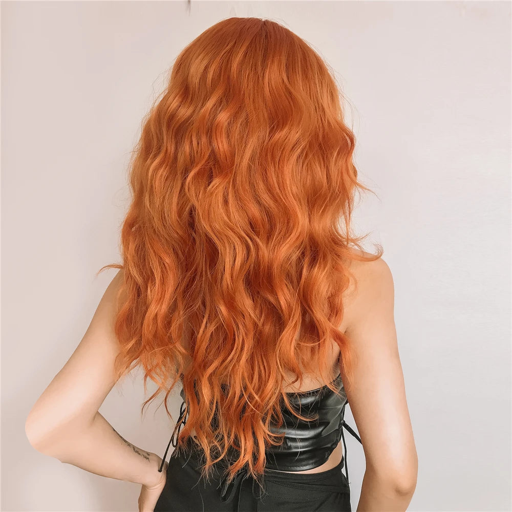 Cosplay Ginger Orange Long Curly Synthetic Wigs with Bangs Deep Wave Lolita Hair for Women Halloween Party Daily Heat Resistant