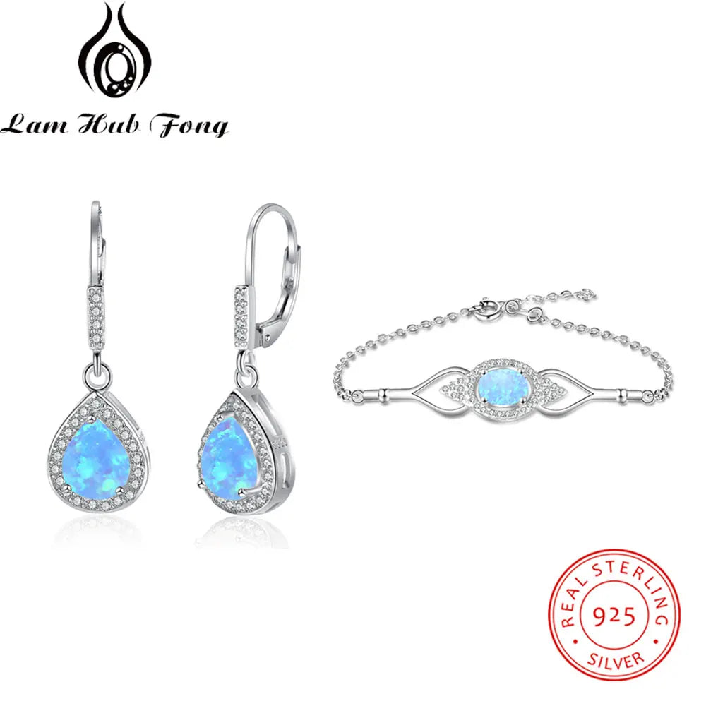 925 Sterling Silver Jewelry Sets for Women Cubic Zirconia Blue Opal Bracelet Earrings Chain Necklace Jewelry Sets (Lam Hub Fong)