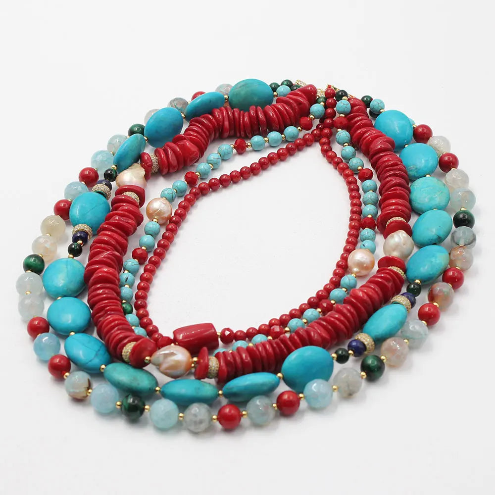 GG 5 Rows Freshwater Keshi Pearl Howlite Rondelle Tiger eye Red Coral Lapis Crystal Statement Necklace Handmade For Women - KIMLUD