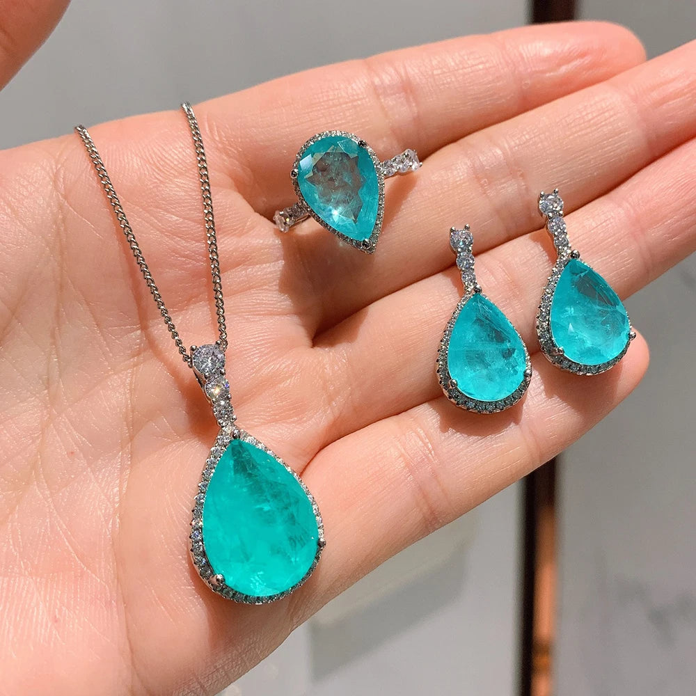 KIMLUD, Luomansi Luxury 925 Sterling Silver Paraiba Tourmaline Gemstone Earrings/Pendant/Necklace/Ring Wedding Jewelry Sets Wholesale, Jewelry Sets, KIMLUD APPAREL - Womens Clothes