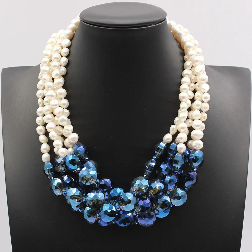 GuaiGuai Jewelry 5 Rows Natural White Keshi Potato Pearl Coin Blue Glass Crytal Necklace Handmade For Lady - KIMLUD