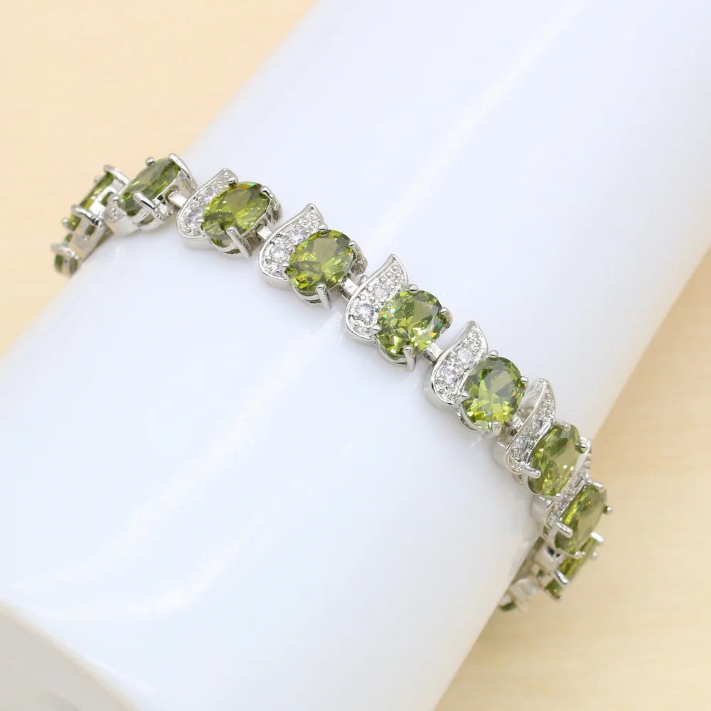 925 Sterling Silver Luxury Popular Olive Green Stones Cubic Zirconia Jewelry Sets For Women Earrings Pendant Necklace Bracelet - KIMLUD