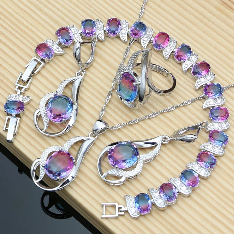 Tourmaline Jewelry Sets For Women - 925 Sterling Silver Earring/Pendant/Necklace/ Open Ring/Tennis Bracelet Set Dropshipping - KIMLUD