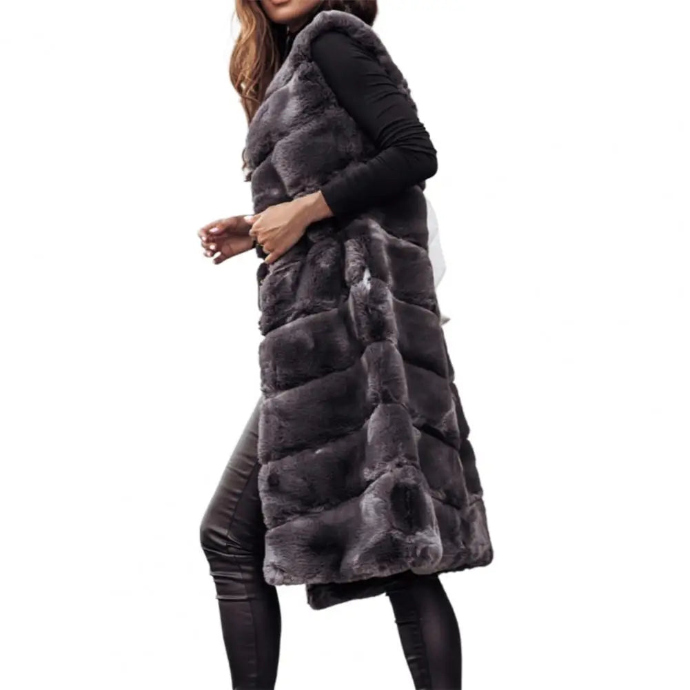 Autumn Winter Women Jacket Vest Solid Color Round Neck Faux Fur Coat Thick Crew Neck Outerwear Plush Jacket for Women