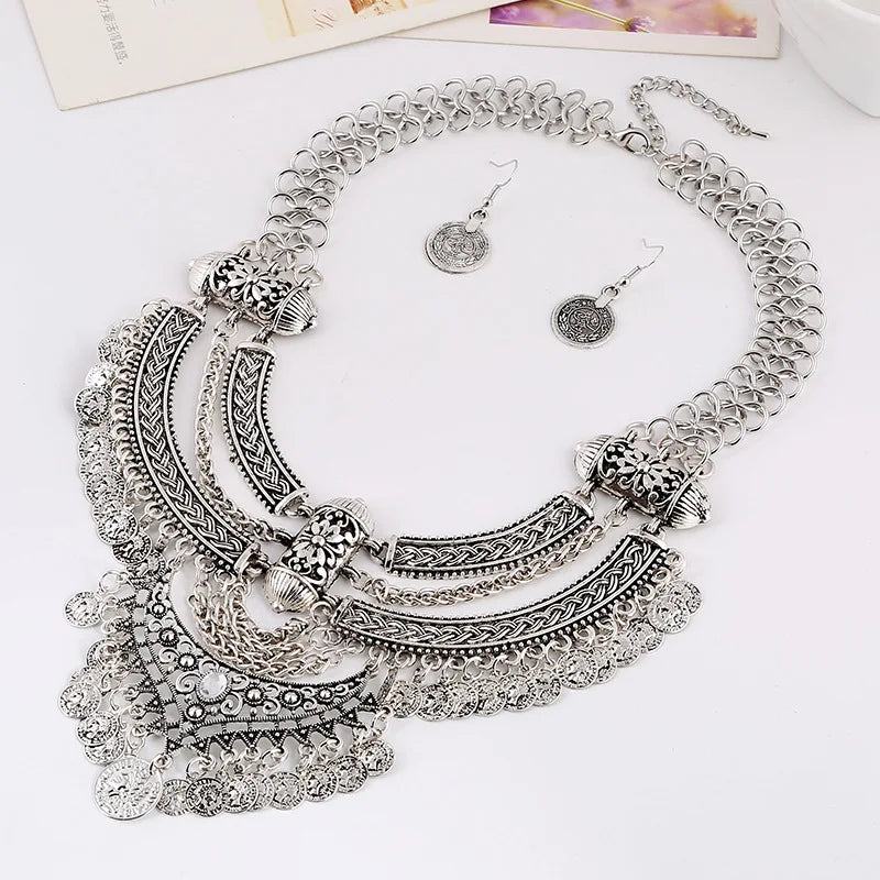 Fashion Choker Collar Jewelry Sets For Women Coin Tassel Ethnic Gypsy Bohemian Statement Collier Necklaces Drop Dangle Earrings