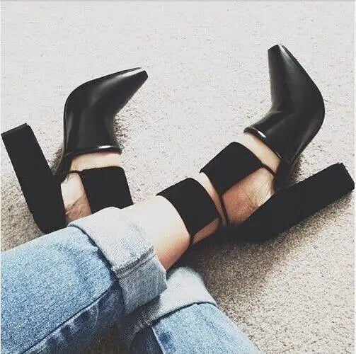 2017 Spring Fashion Black Smooth Leather Women Pointy Toe Pumps Thin Straps Cut Out Ladies Chunky Heel Shoes Rome Style Pumps