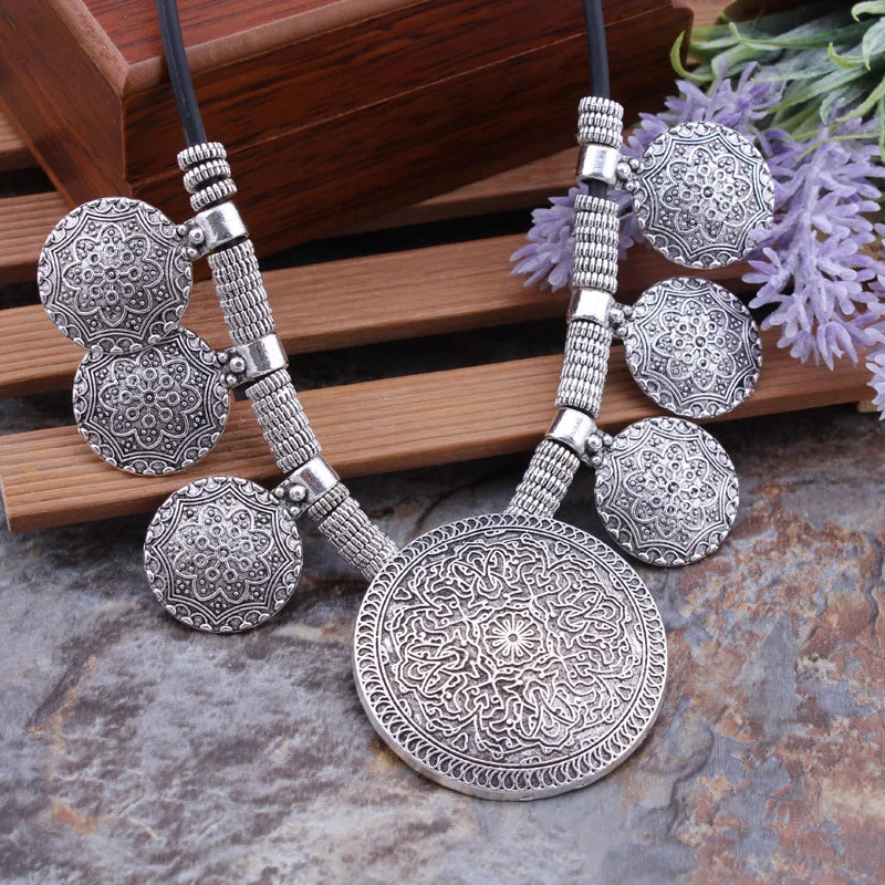 KIMLUD, Bohemian Gypsy Vintage Ethnic Tibetan Big Carved Flower Round Tassels Pendants Necklaces For Women Statement Maxi Jewelry, KIMLUD Womens Clothes