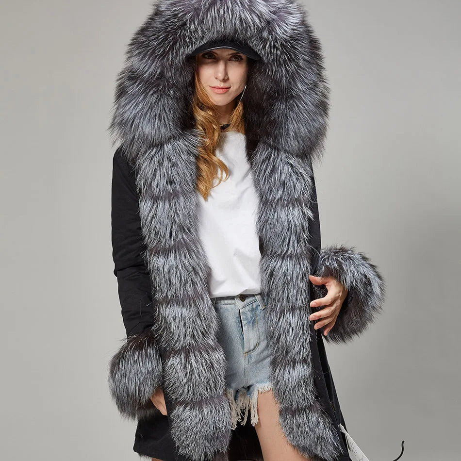 MAOMAOKONG Real Big Fox Fur Coat Winter Jacket Women Natural Hooded Thick Warm Detachable Fur Liner Parkas Fashion Luxury Female