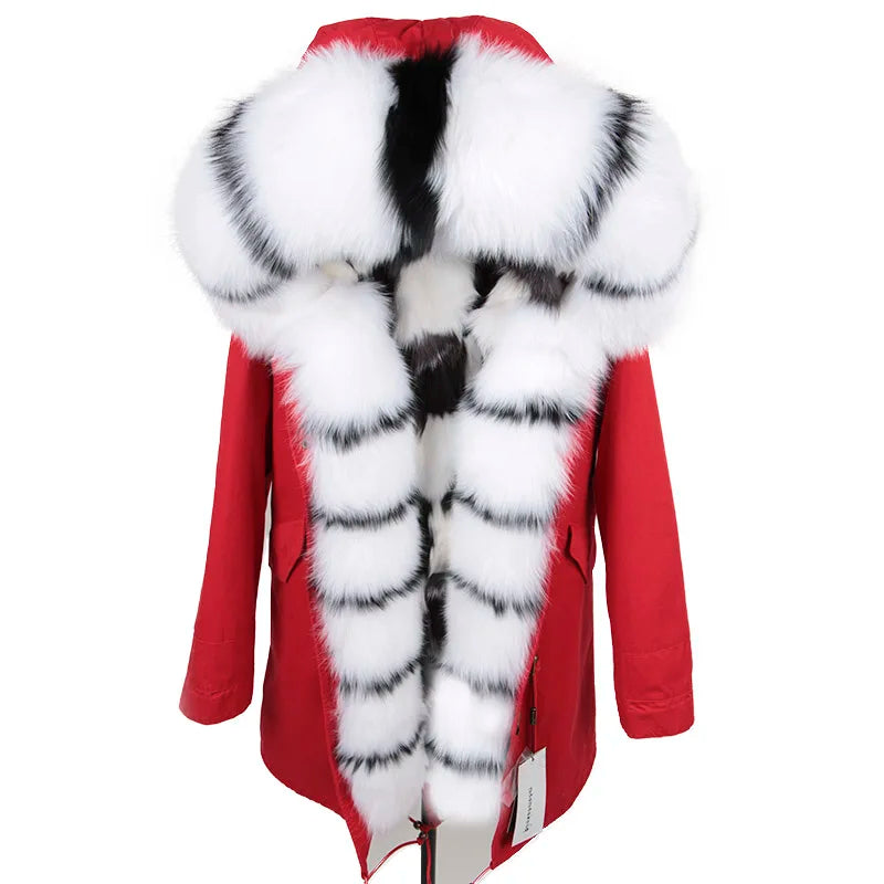 MAOMAOKONG Real Big Fox Fur Coat Winter Jacket Women Natural Hooded Thick Warm Detachable Fur Liner Parkas Fashion Luxury Female