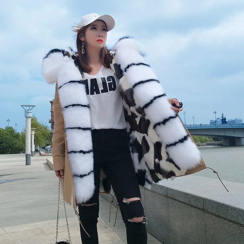 MAOMAOKONG Real Big Fox Fur Coat Winter Jacket Women Natural Hooded Thick Warm Detachable Fur Liner Parkas Fashion Luxury Female