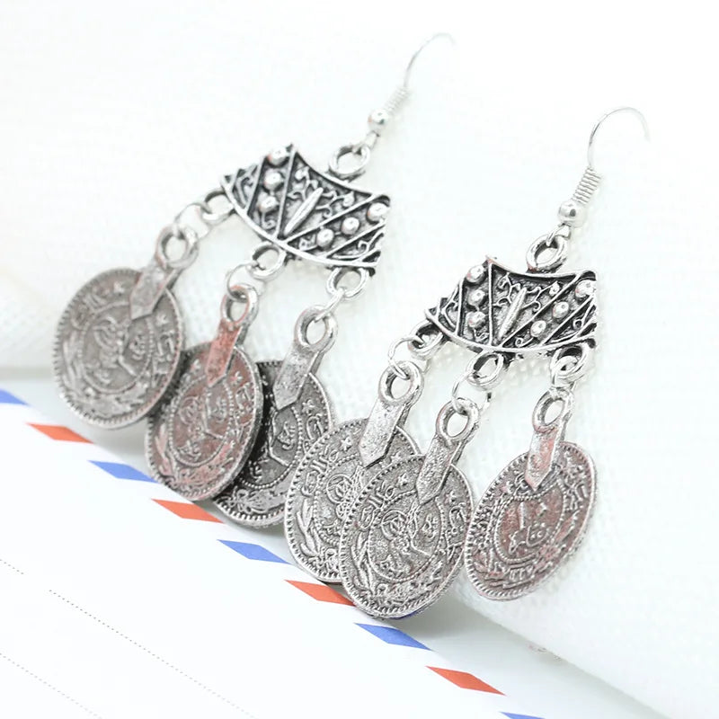 2016 New Fashion Ethnic Bohemian Gypsy Drop Earrings Sector Design Boho Indian Jewelry Long Big Pendant Ancient Coins Earrings