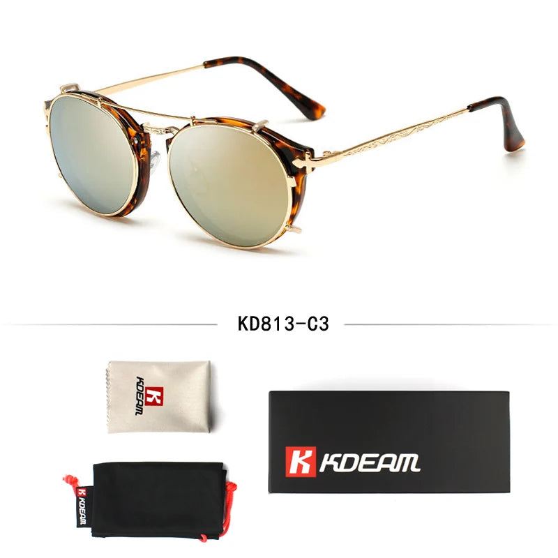 Kdeam Happy Clip On Sunglasses Men Removable Round Glasses Steampunk Women Carve Design Sunglass With Brand Box