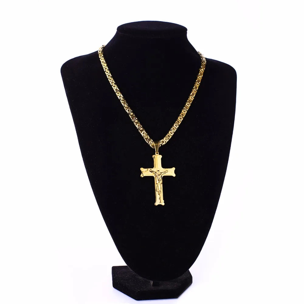 Gold Color Stainless Steel Jesus Cross Pendant Necklace 6mm Link Byzantine Chain Necklace Long Heavy Men Jewelry collares MN68