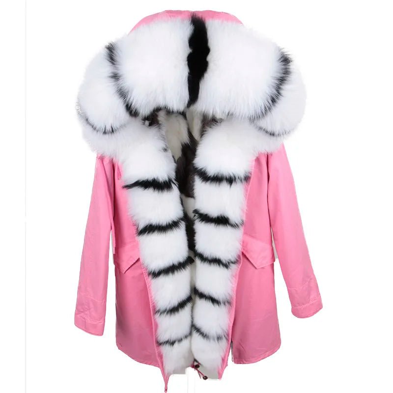 MAOMAOKONG Real Big Fox Fur Coat Winter Jacket Women Natural Hooded Thick Warm Detachable Fur Liner Parkas Fashion Luxury Female