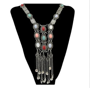 KIMLUD, Vintage Long Chains Rhinestone Statement Necklaces For Women Tassel Pendant Drop Dangle Choker Necklace Bohemian Ethnic Jewelry, Silver, KIMLUD APPAREL - Womens Clothes