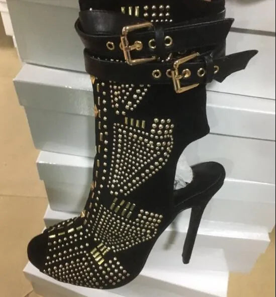 Gold Crystal Stud Embellished Short Ankle Boots Cut-outs Peep Toe Sandal Boots High Heels Summer Lady Suede Boots Shoes