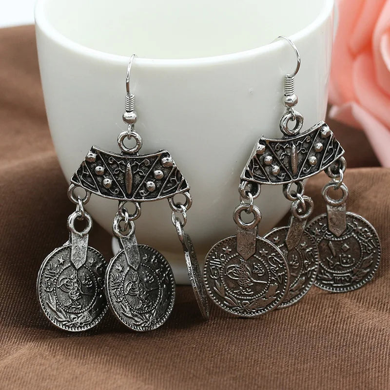 2016 New Fashion Ethnic Bohemian Gypsy Drop Earrings Sector Design Boho Indian Jewelry Long Big Pendant Ancient Coins Earrings