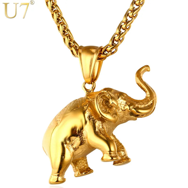 U7 Stainless Steel Gold Color Trendy Elephant Charm Pendant Necklace for Man Thick Chain Animal Lucky Jewelry Gift P755