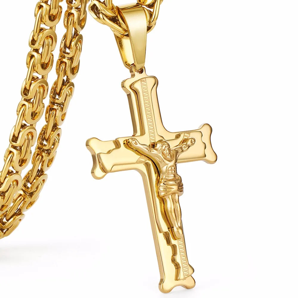 Gold Color Stainless Steel Jesus Cross Pendant Necklace 6mm Link Byzantine Chain Necklace Long Heavy Men Jewelry collares MN68