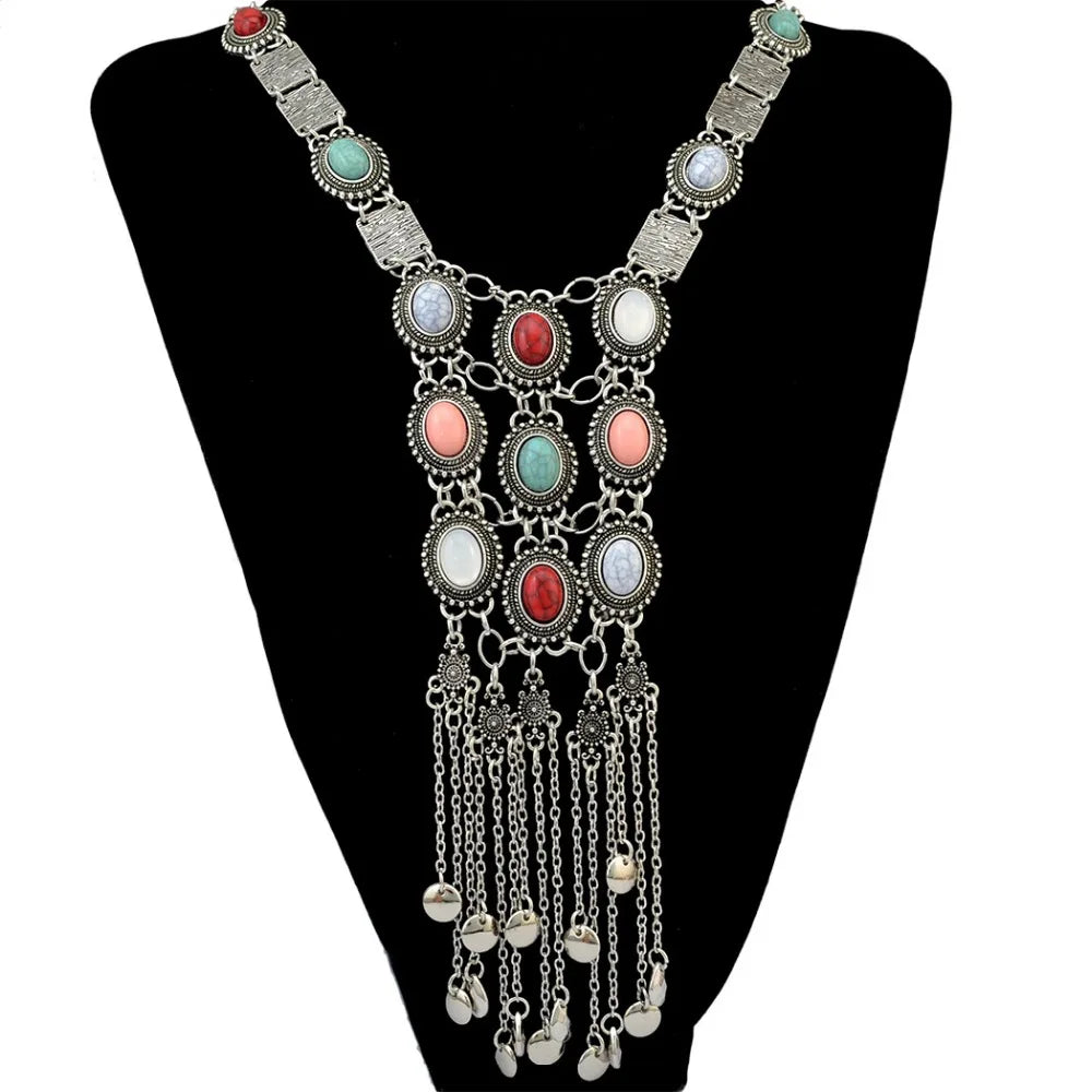 KIMLUD, Vintage Long Chains Rhinestone Statement Necklaces For Women Tassel Pendant Drop Dangle Choker Necklace Bohemian Ethnic Jewelry, KIMLUD Womens Clothes