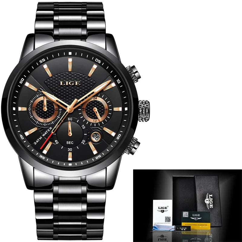 KIMLUD, Multifunction Mens Watches LIGE Top Brand Luxury Casual Quartz Watch Men Sport Waterproof Clock Silver Watches Relogio Masculino, All black S, KIMLUD APPAREL - Womens Clothes