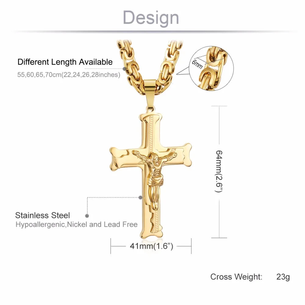 Gold Color Stainless Steel Jesus Cross Pendant Necklace 6mm Link Byzantine Chain Necklace Long Heavy Men Jewelry collares MN68