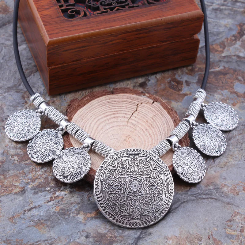 KIMLUD, Bohemian Gypsy Vintage Ethnic Tibetan Big Carved Flower Round Tassels Pendants Necklaces For Women Statement Maxi Jewelry, KIMLUD Womens Clothes