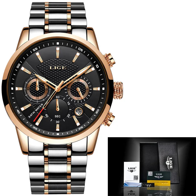 KIMLUD, Multifunction Mens Watches LIGE Top Brand Luxury Casual Quartz Watch Men Sport Waterproof Clock Silver Watches Relogio Masculino, Gold black S, KIMLUD APPAREL - Womens Clothes