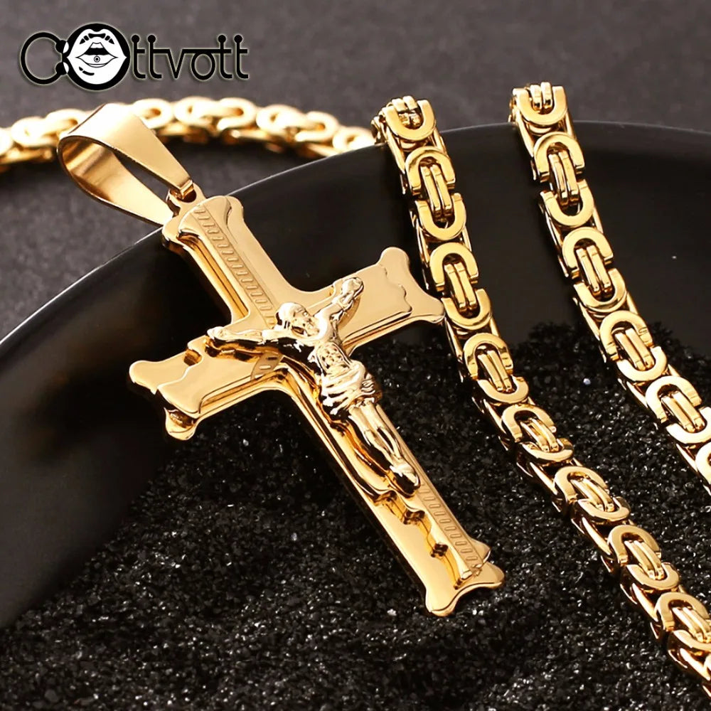 Gold Color Stainless Steel Jesus Cross Pendant Necklace 6mm Link Byzantine Chain Necklace Long Heavy Men Jewelry collares MN68