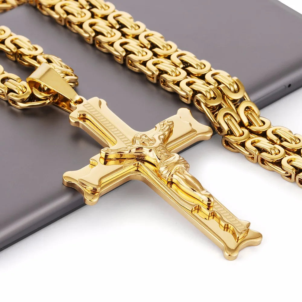 Gold Color Stainless Steel Jesus Cross Pendant Necklace 6mm Link Byzantine Chain Necklace Long Heavy Men Jewelry collares MN68 - KIMLUD