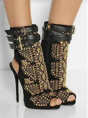 Gold Crystal Stud Embellished Short Ankle Boots Cut-outs Peep Toe Sandal Boots High Heels Summer Lady Suede Boots Shoes