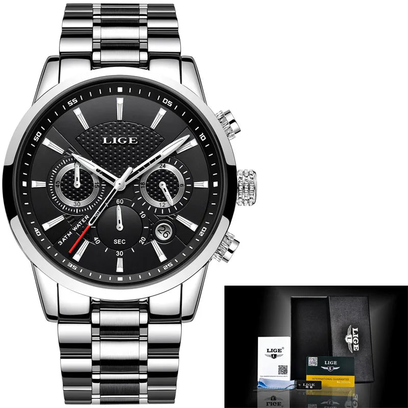 KIMLUD, Multifunction Mens Watches LIGE Top Brand Luxury Casual Quartz Watch Men Sport Waterproof Clock Silver Watches Relogio Masculino, Silver black S, KIMLUD APPAREL - Womens Clothes