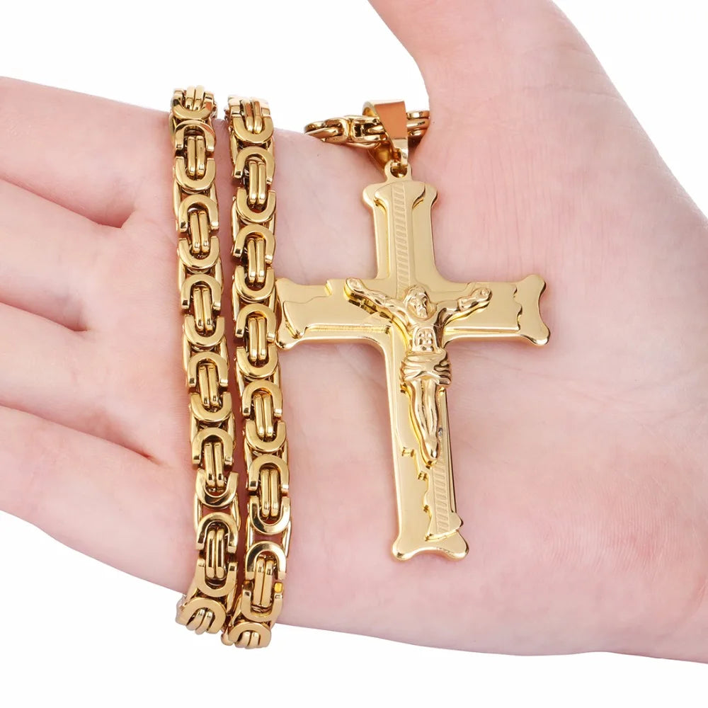 Gold Color Stainless Steel Jesus Cross Pendant Necklace 6mm Link Byzantine Chain Necklace Long Heavy Men Jewelry collares MN68