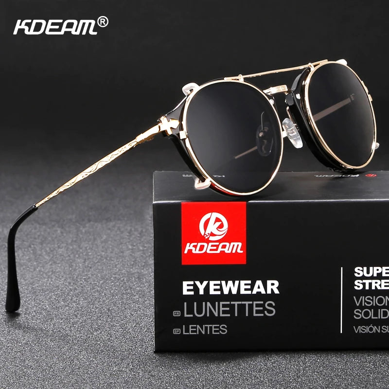 Kdeam Happy Clip On Sunglasses Men Removable Round Glasses Steampunk Women Carve Design Sunglass With Brand Box - KIMLUD