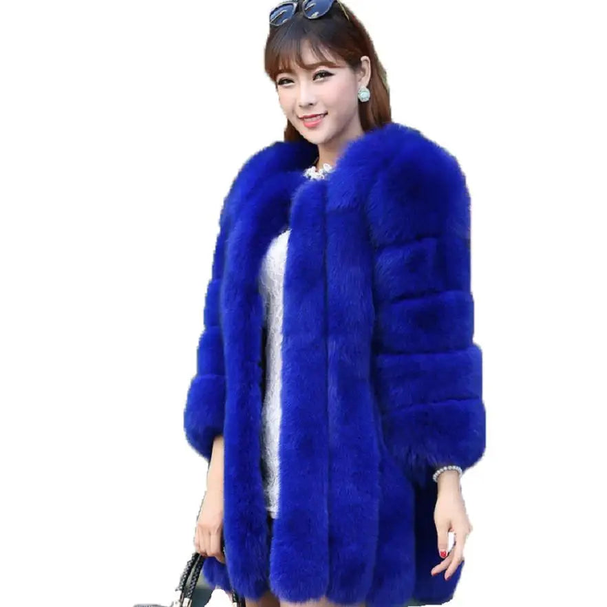 S-4XL Winter Luxury Faux Fox Fur Coat Slim Long Pink Red Blue Faux Fur Jacket Women Fake Fur Coats manteau fourrure wj1231w