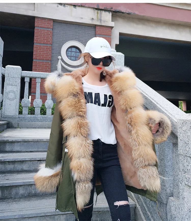 2023 Natural Real Fox Fur Jacke Coat Real Fox Fur Collar Cuff Hooded Coat Short Parka Long Camouflage winter jacket