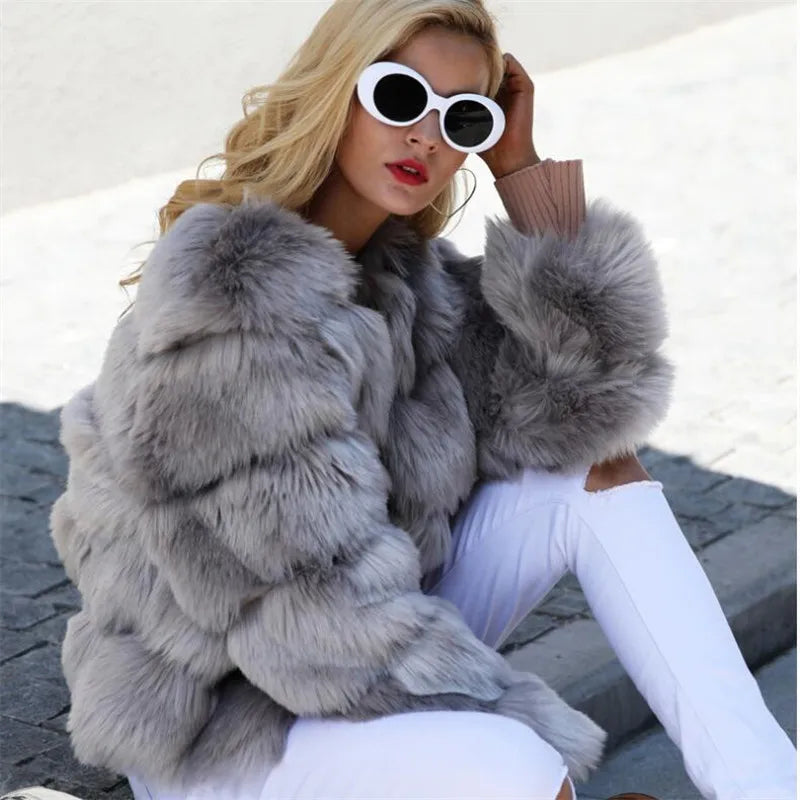 BINYUXD 2018 Faux Fur Factory Fox Faux Fur Coat Women Winter Warm Artifical Fur Coat Overcoat Female Ladies Faux Furs Jacket