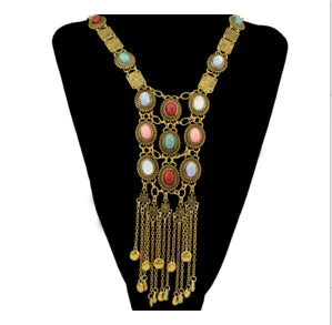 KIMLUD, Vintage Long Chains Rhinestone Statement Necklaces For Women Tassel Pendant Drop Dangle Choker Necklace Bohemian Ethnic Jewelry, Gold, KIMLUD APPAREL - Womens Clothes