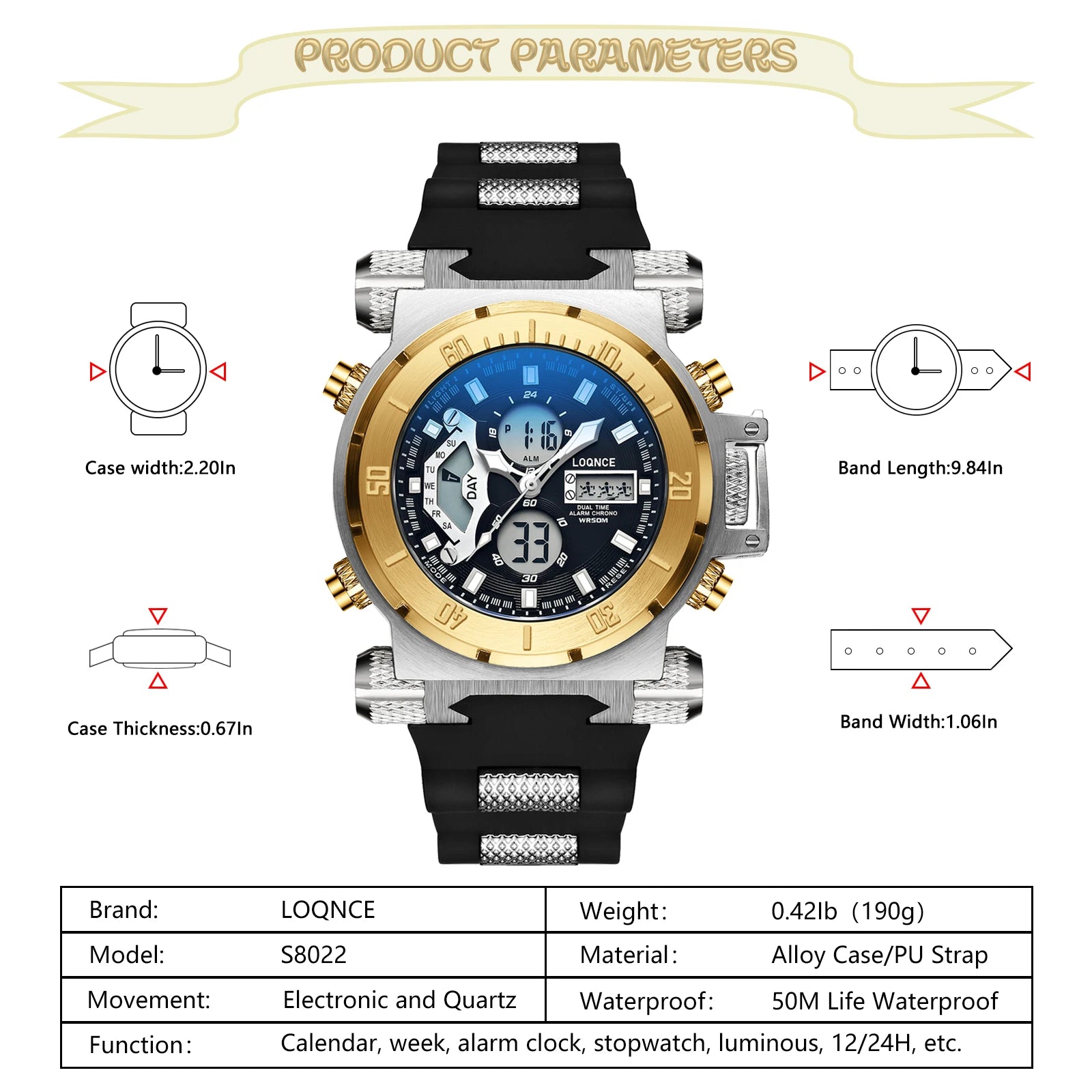 LOQNCE S8022 New Men's Watch Quartz Electronic Dual Movement Alarm Clock Calendar Week Multifunctional Waterproof Men's Watch