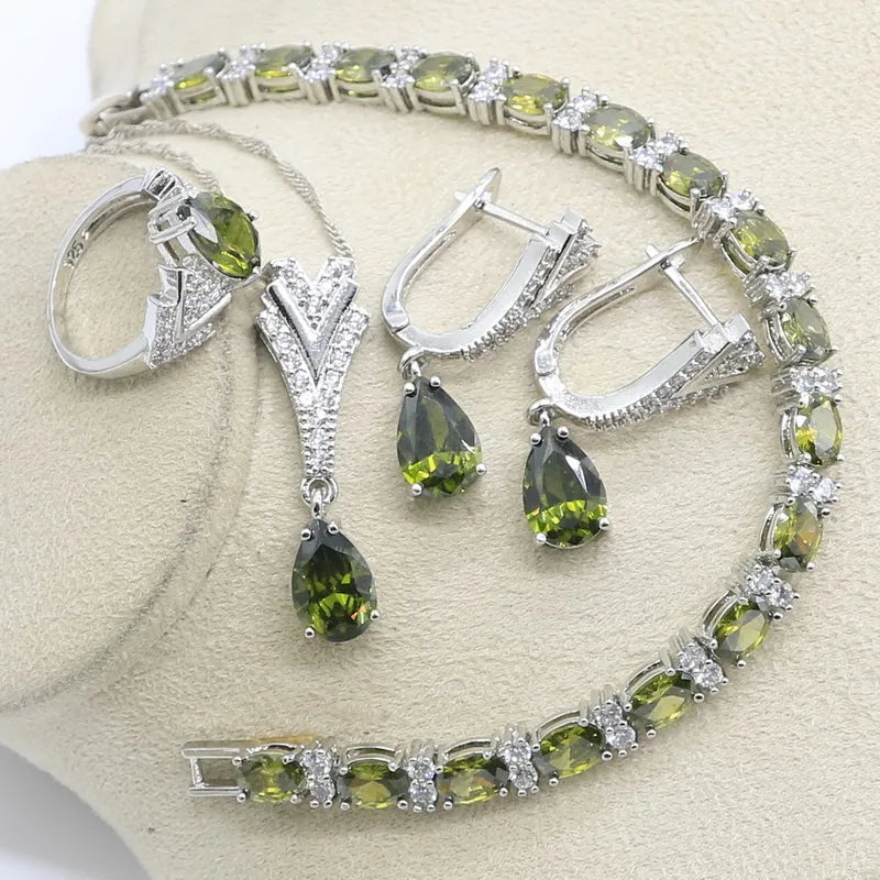 New Peridot Green Silver 925 Jewelry Set for Women with Bracelet Earrings Necklace Pendant Ring Birthday Gift