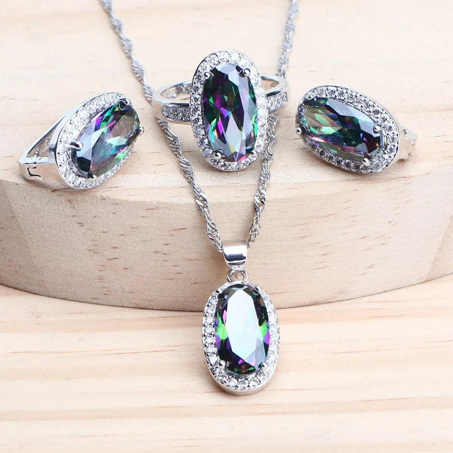 925 Silver Magic Rainbow CZ Jewelry Sets Women Bracelets Rings Natural Silver Earrings Wedding Jewelry Pendants Necklace Set