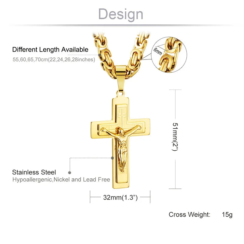 Religious Men Stainless Steel Crucifix Cross Pendant Necklace Heavy Byzantine Chain Necklaces Jesus Christ Holy Jewelry Gifts