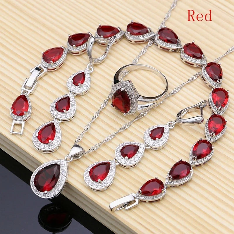 Water Drop Silver 925 Jewelry Red Ruby White Topaz Jewelry Sets Women Long Earrings/Pendant/Necklace/Rings/Bracelet Dropshipping - KIMLUD