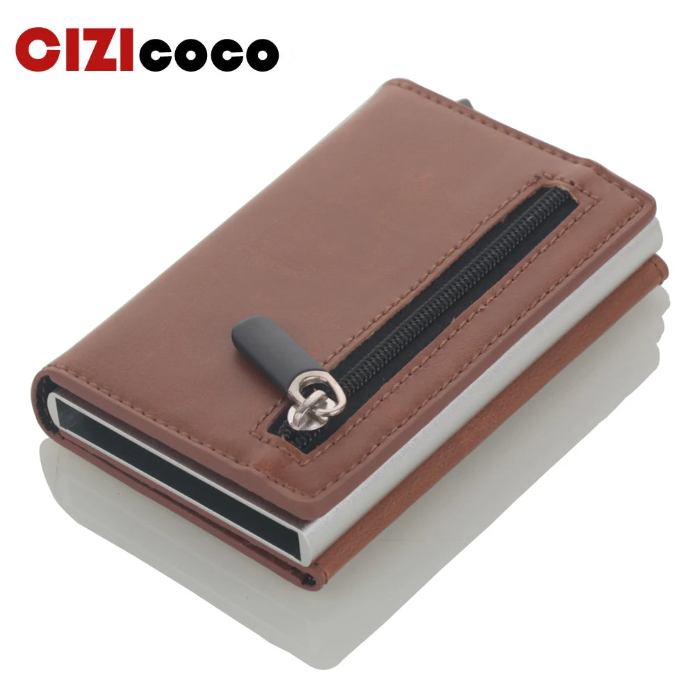 Cizicoco Credit Card Holder 2020 New Aluminum Box Card Wallet RFID PU Leather Pop Up Card Case Magnet Carbon Fiber Coin Purse - KIMLUD