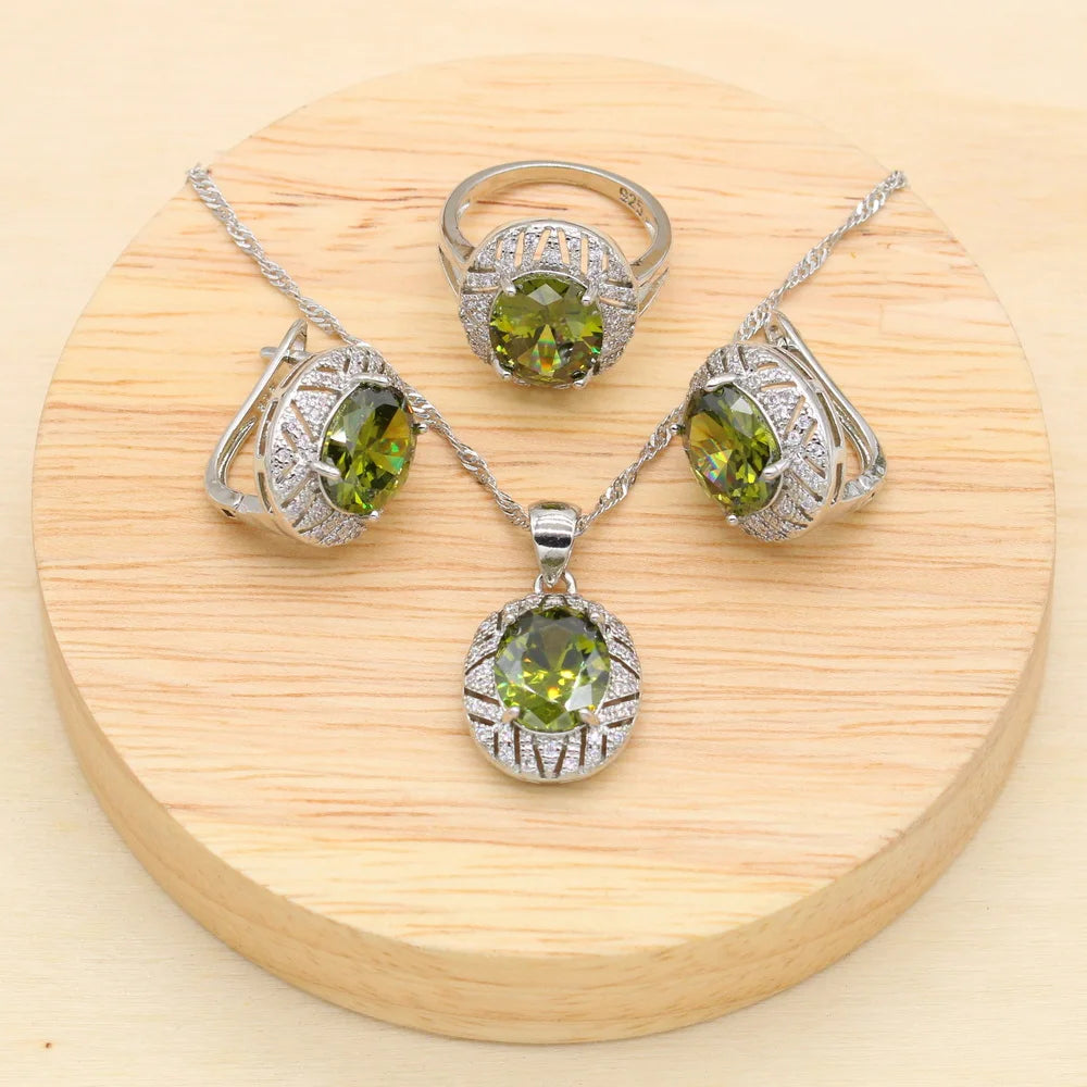 925 Sterling Silver Luxury Popular Olive Green Stones Cubic Zirconia Jewelry Sets For Women Earrings Pendant Necklace Bracelet - KIMLUD