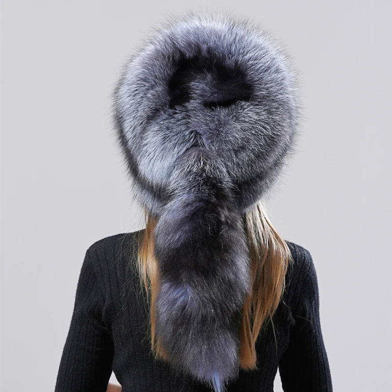 Natural Fox Fur Russian Hat Ushanka Women Winter Warm Fluffy Popular Style Female Tail Cap Fashion Real Fur Hats