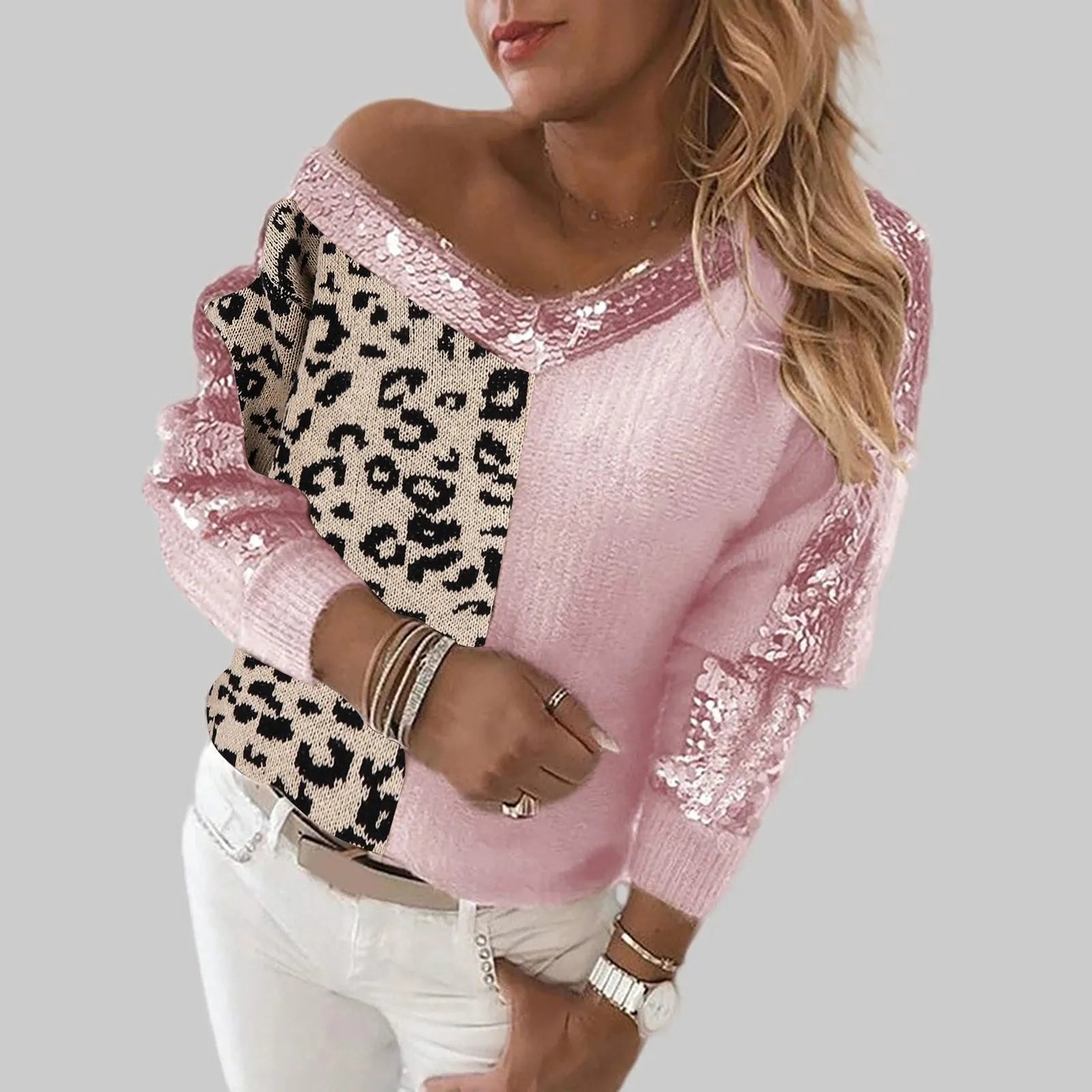 Women Sweater Stitching Leopard Print Sequin Blouse V Neck Temperament Pullover Long Sleeved Female Casual Elegant Pullover